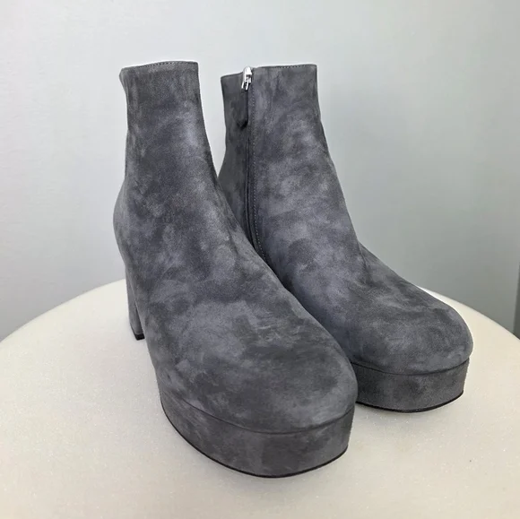 PRADA Grey Suede Platform Retro Block Chunky Heel Ankle Bootie Round Toe 38 - Picture 9 of 14